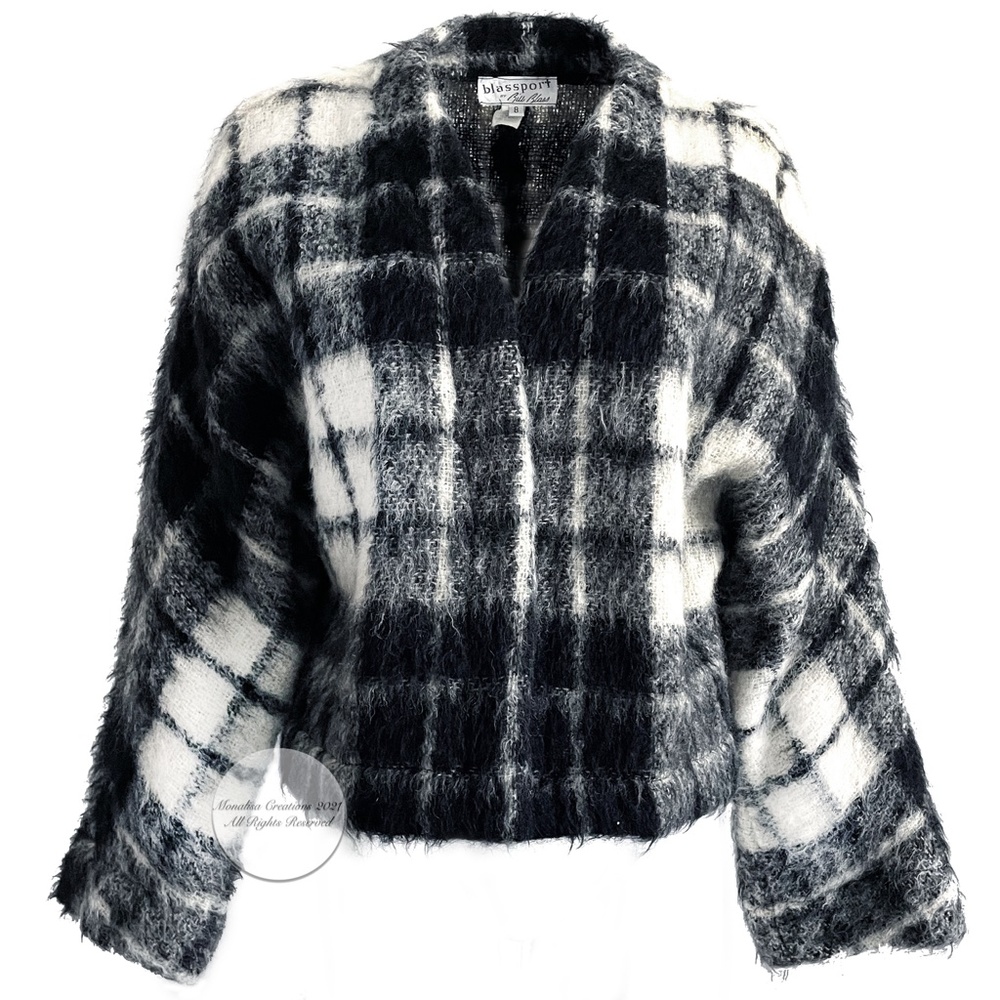 Bill Blass Mohair Jacket Open Black White Tartan Plaid Mohair Vintage 70s Sz 8